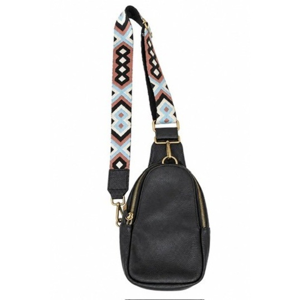 Anthropologie Black Crossbody Sling Bag with Tribal Print Woven Strap